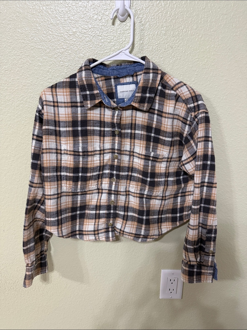 American Eagle Outfitters Plaid Button-Down Shirt Jacket in Black, Tan, Cream